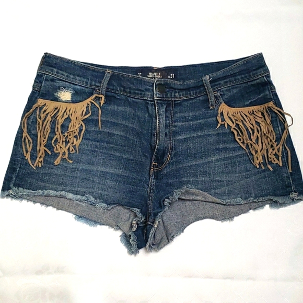 Hollister High Rise Jean Short Shorts W/ Leather Fringe Size 13 w31